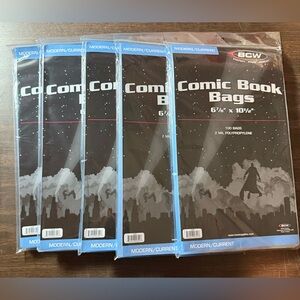 (5) BCW Current/Modern Comic Book Bags, 100 Bags each 2 mil 6 7/8 x 10 1/2